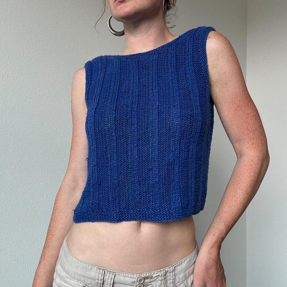Vintage cobalt blue linen crochet backless top